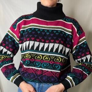 Vintage 80s 90s heart fair isle turtleneck sweater colorful geometric ski funky